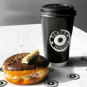 Custom printed 450 ml double wall paper cup with black lid with 'Black box donuts' logo